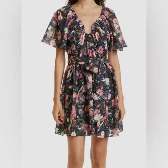 🌻NWT Tanya Taylor Black V-Neck Floral Short Sleeve‎ Wrap Dress Size 0 MSRP $495
